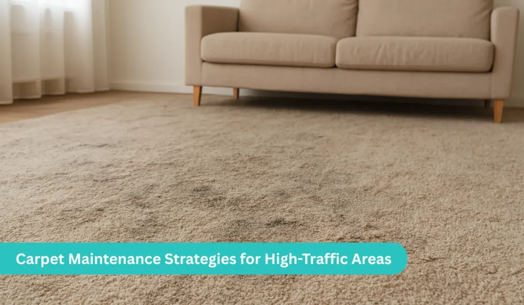Carpet maintenance in high-traffic areas, showing a beige carpet with signs of wear and a sofa in a bright, sunlit living room. Tips for keeping carpets clean and durable.