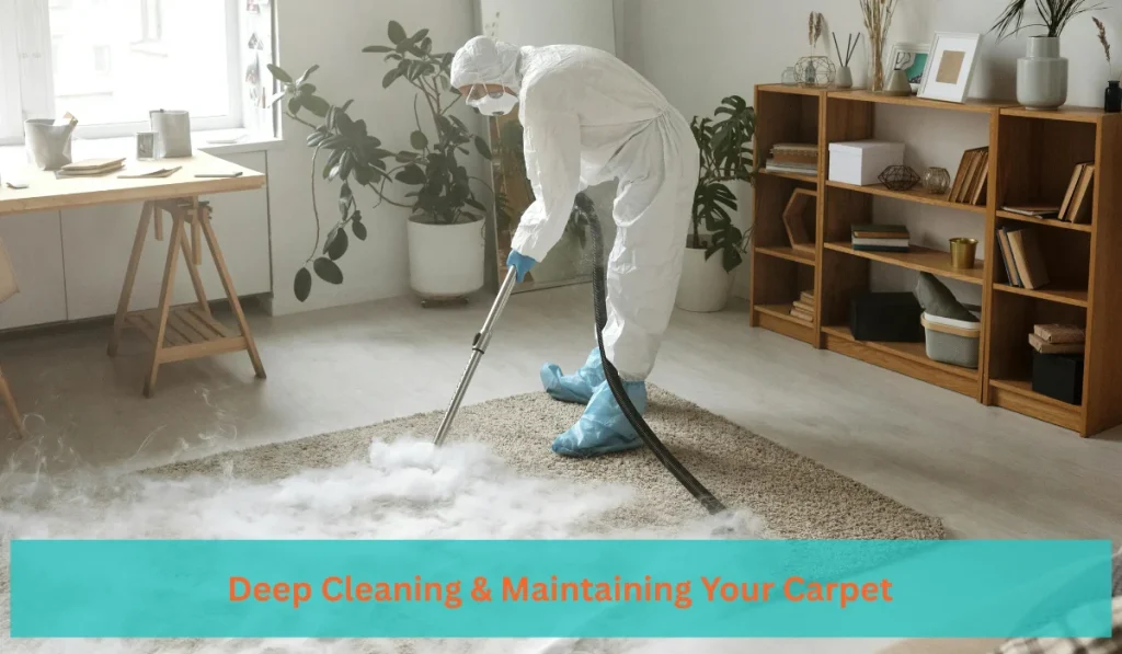 Person in protective suit deep cleaning a carpet with steam cleaner in a living room.