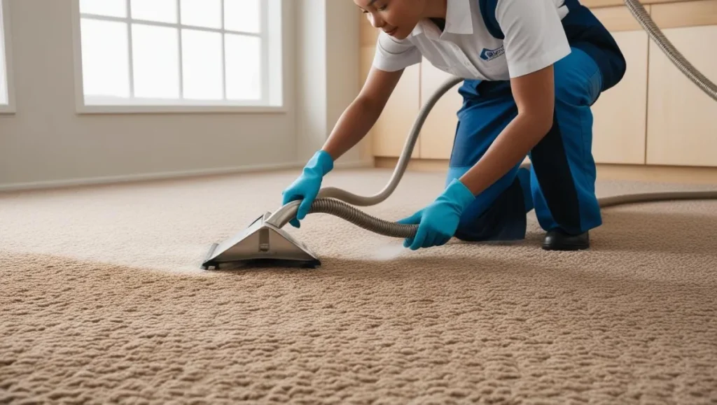 Woman cleaning carpet with vacuum cleaner in winter.